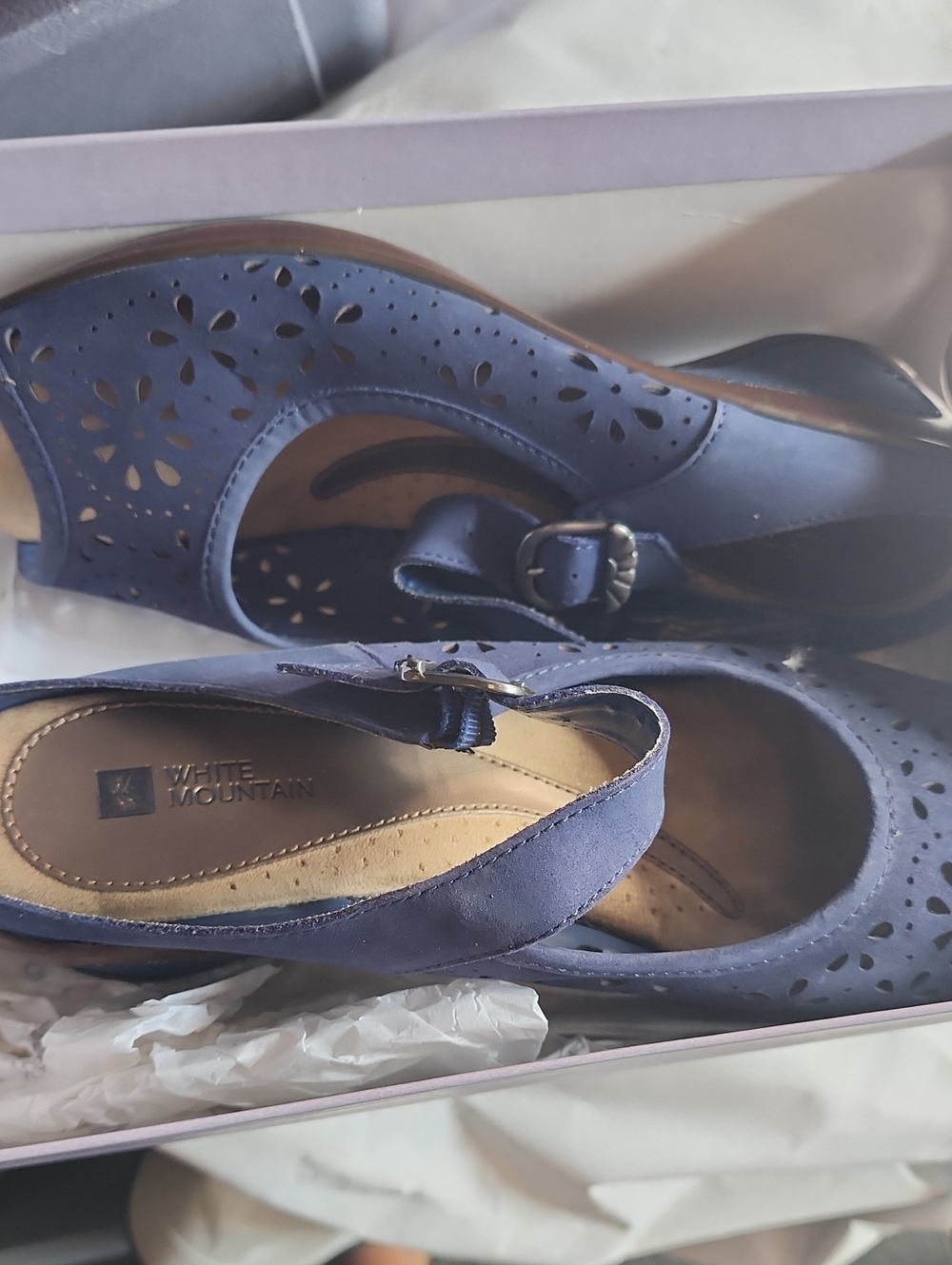 White Mountain Navy Laser-Cut Slingback Mules